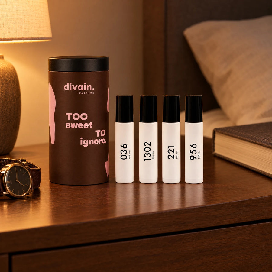 Estuche de perfumes gourmand en la mesilla de noche