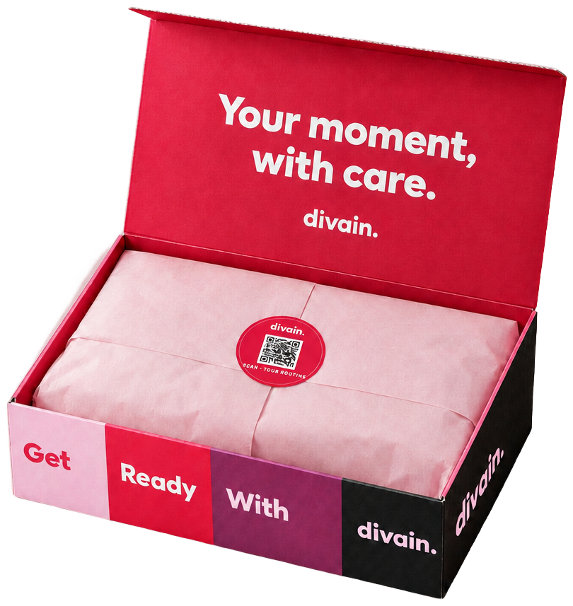 Caja Get ready with divain. de mujer abierta con papel de seda