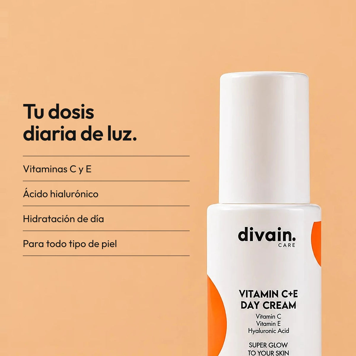 Crema hidratante con vitaminas C y E y ácido hialurónico.