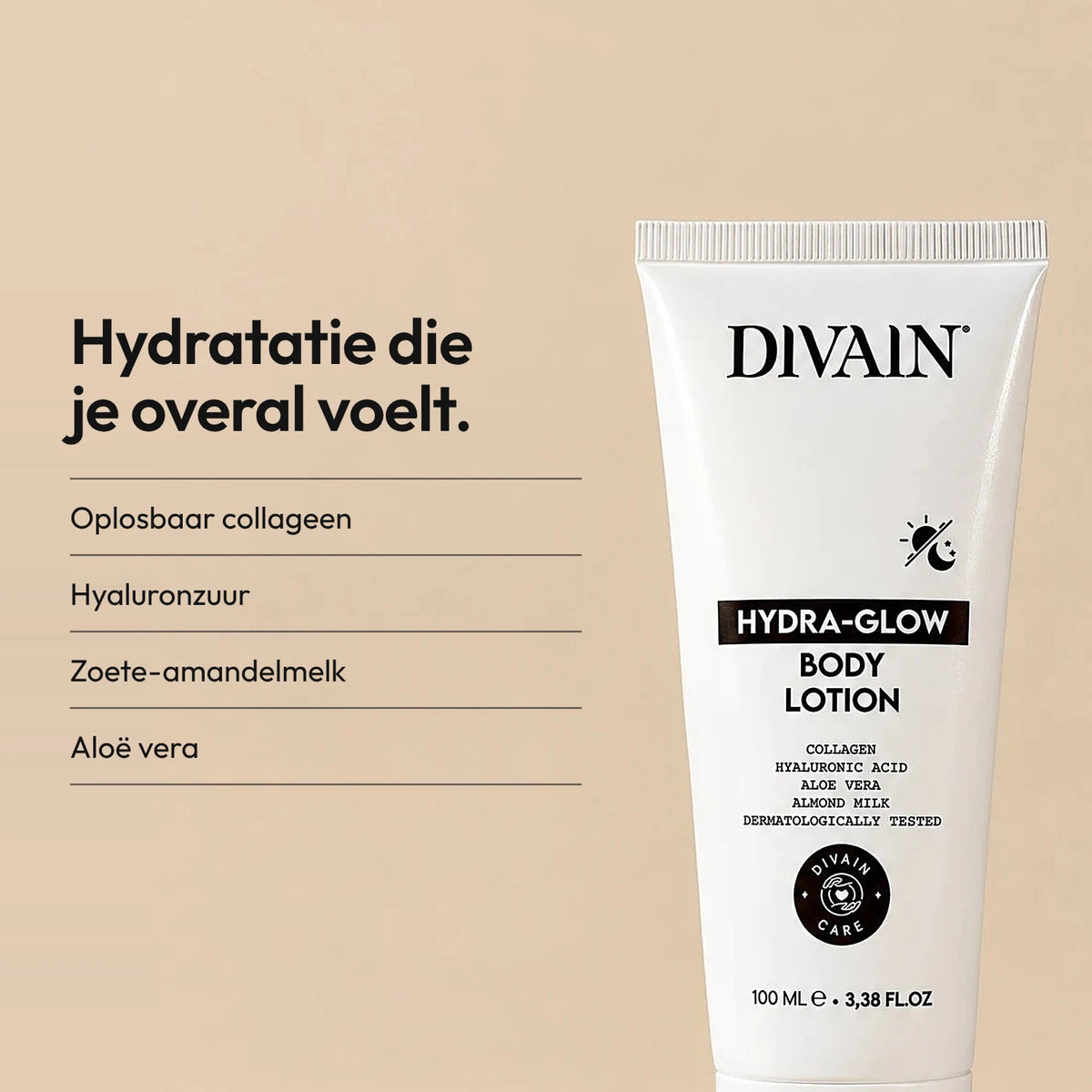 Hydraterende bodylotion met hyaluronzuur, oplosbaar collageen en aloë.