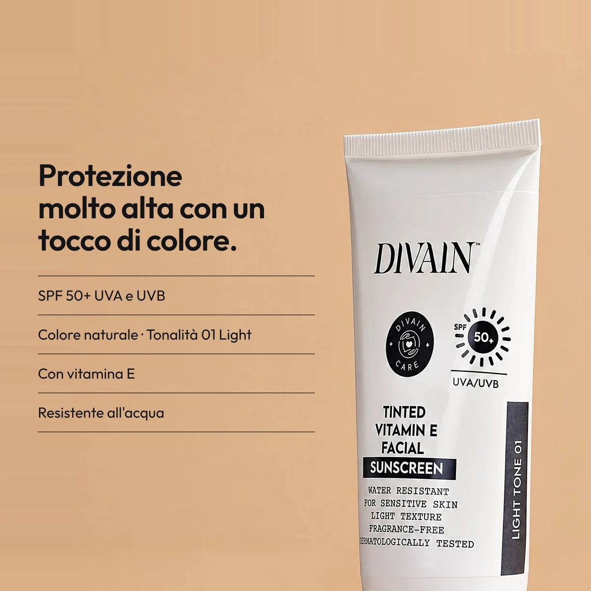 SPF 50+ con un tocco di colore naturale che uniforma l'incarnato.
