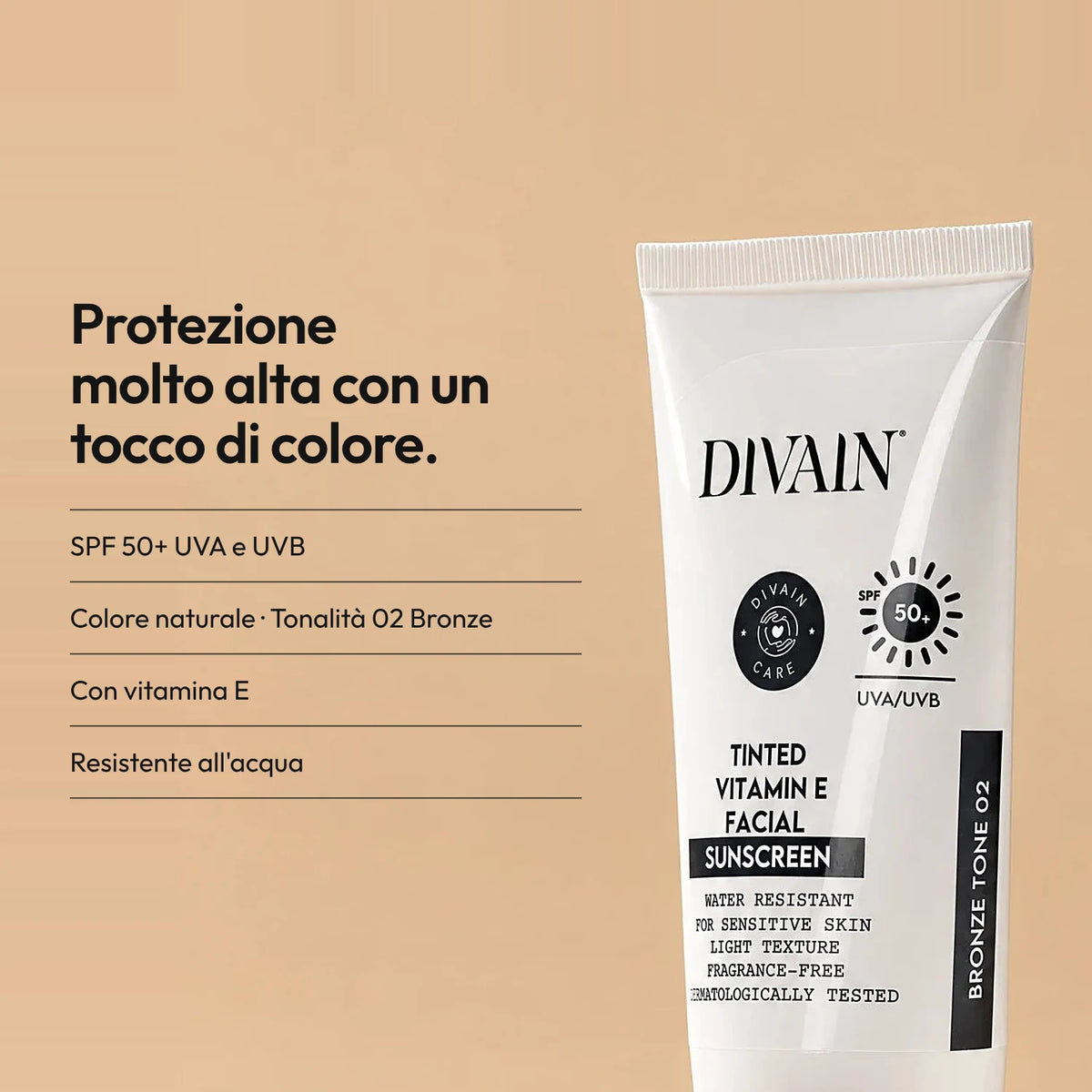 SPF 50+ con un tocco di colore naturale che uniforma l'incarnato.
