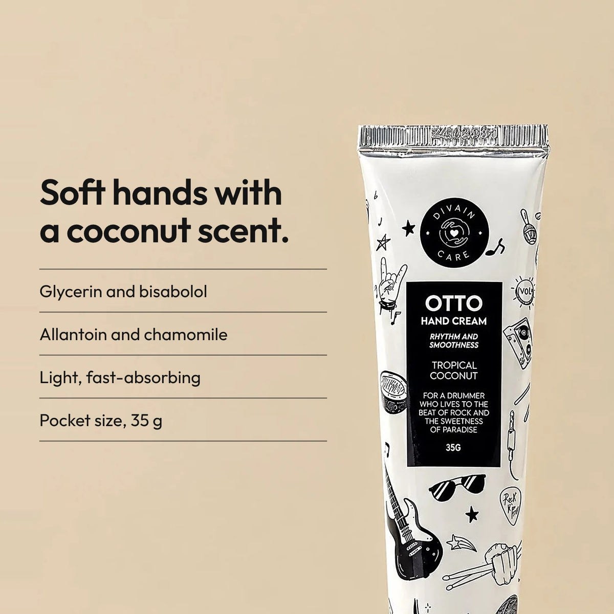 Coconut-scented hand cream with a lightweight texture and fast absorption.