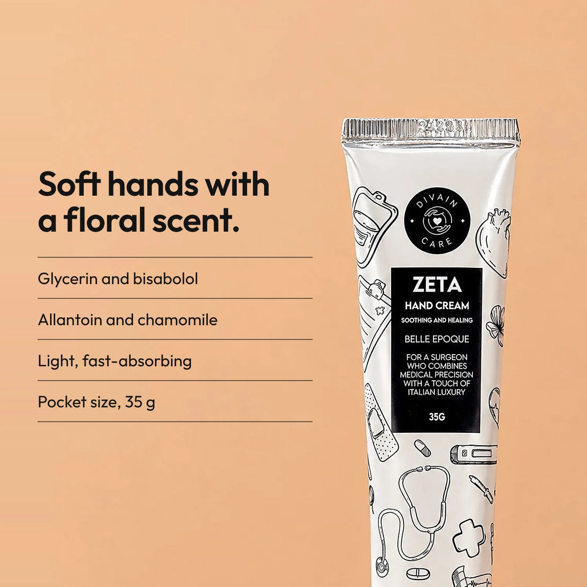 White-flower-scented hand cream with a lightweight texture and fast absorption.