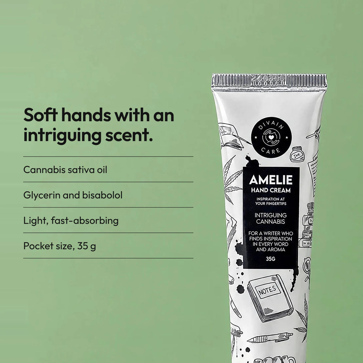 Relaxing cannabis hand cream with a lightweight texture and fast absorption.