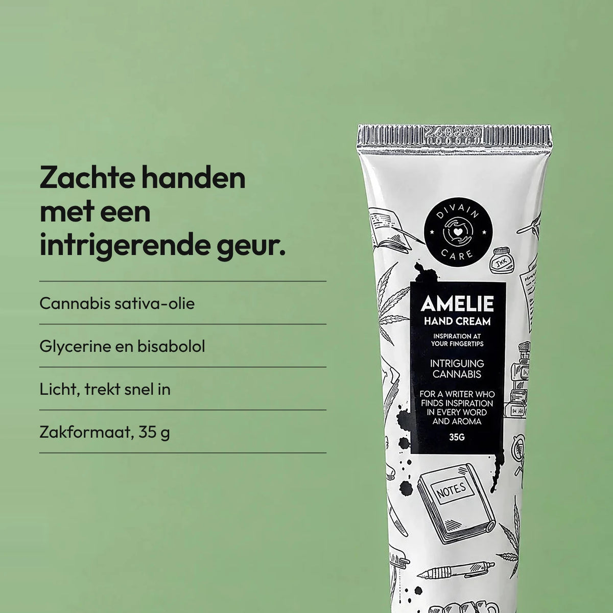 Ontspannende handcrème met cannabis, met een lichte textuur en snelle opname.