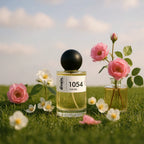Botella de perfume divain.1054 con rosas y flores blancas sobre un jardín.