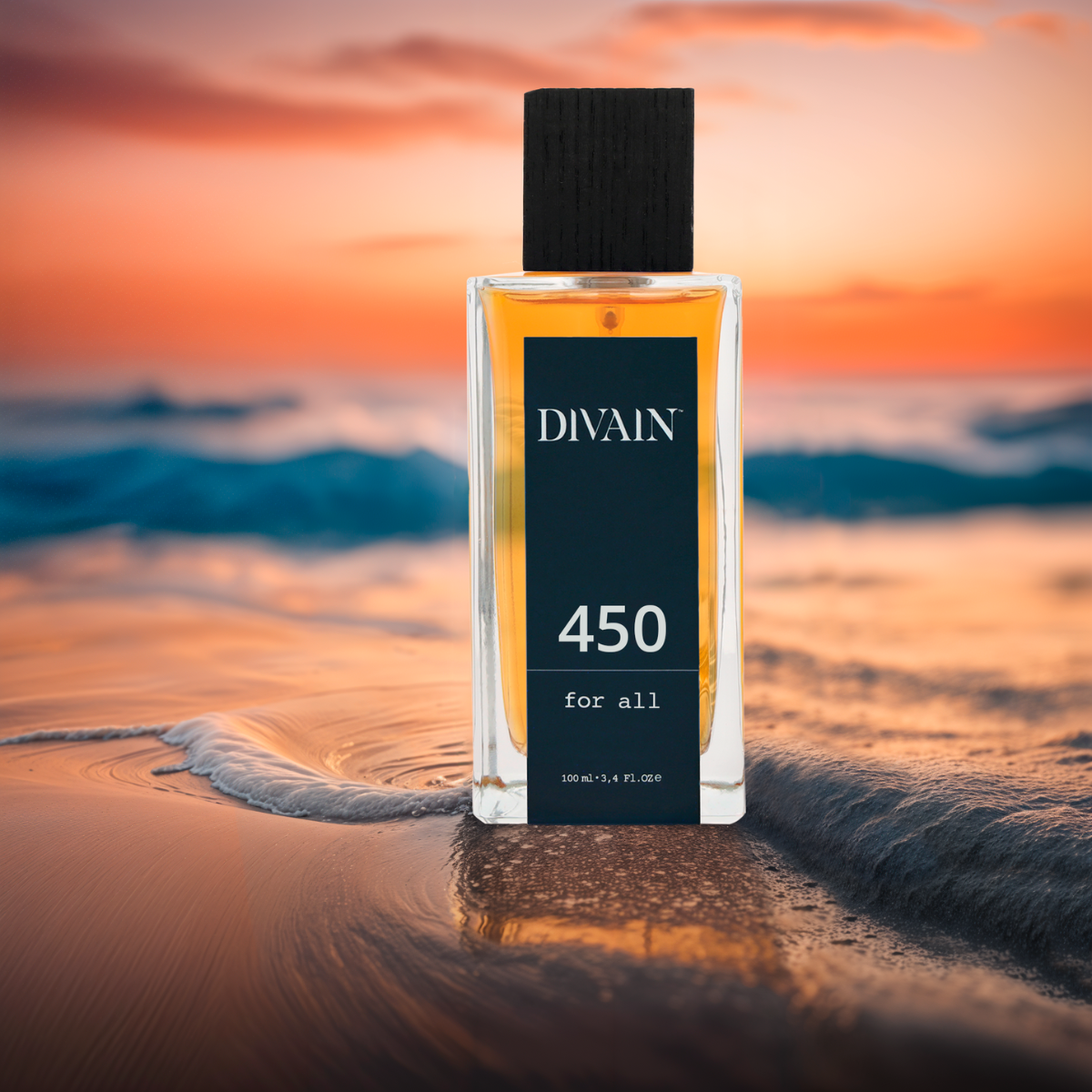 Perfume divain-450 on the seashore covered by the waves in the background