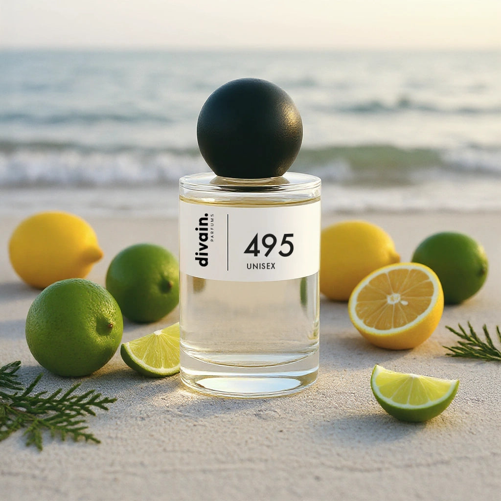 Botella de perfume divain.495 unisex con limones y limas en la playa.