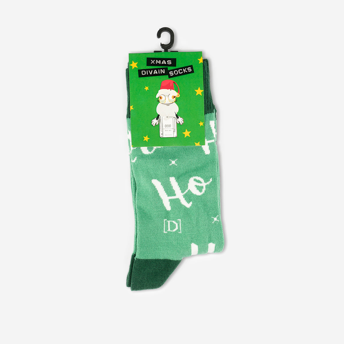 Green socks with ho ho ho lettering with a green branded label