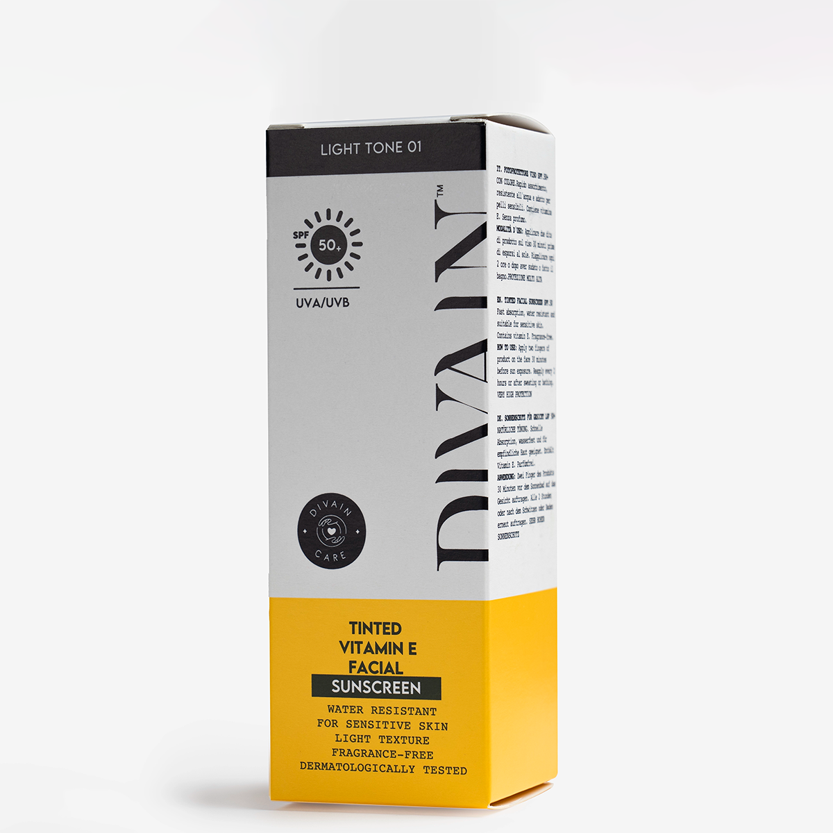 Envase de crema solar facial con tinte claro de 50 mililitros divain care