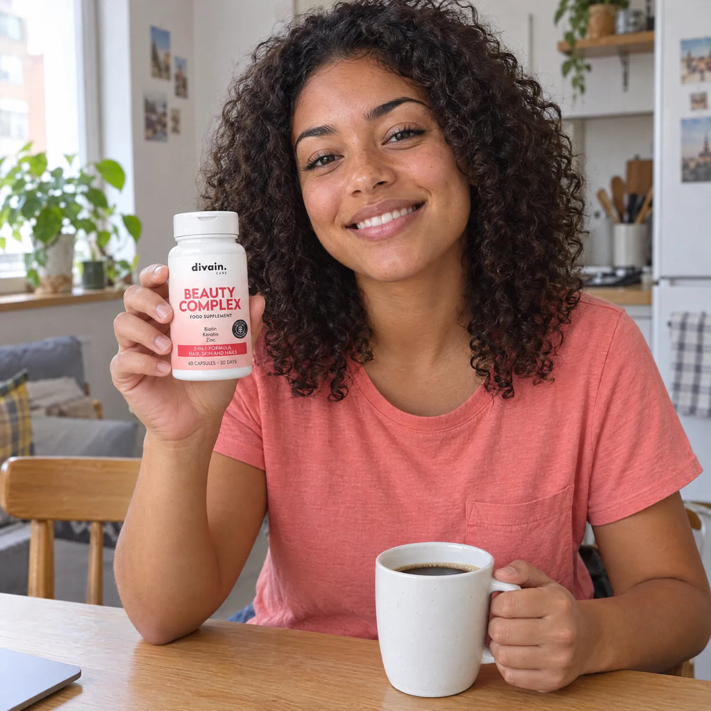 Mujer joven con Beauty Complex en el desayuno