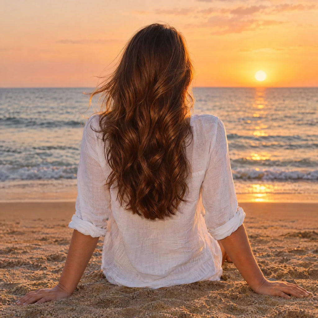 Cabello largo, suave y brillante al atardecer en la playa