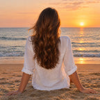 Cabello largo, suave y brillante al atardecer en la playa