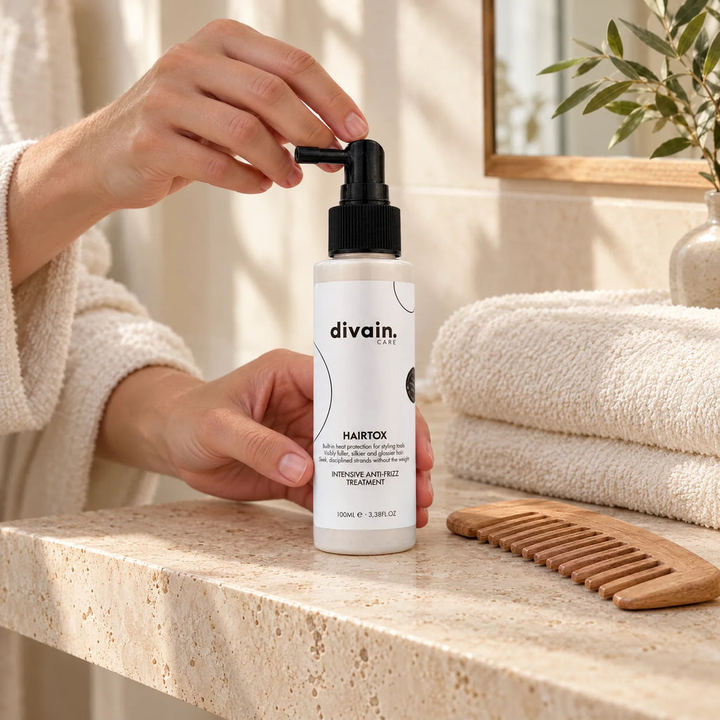 HAIRTOX en la encimera del baño con peine de madera