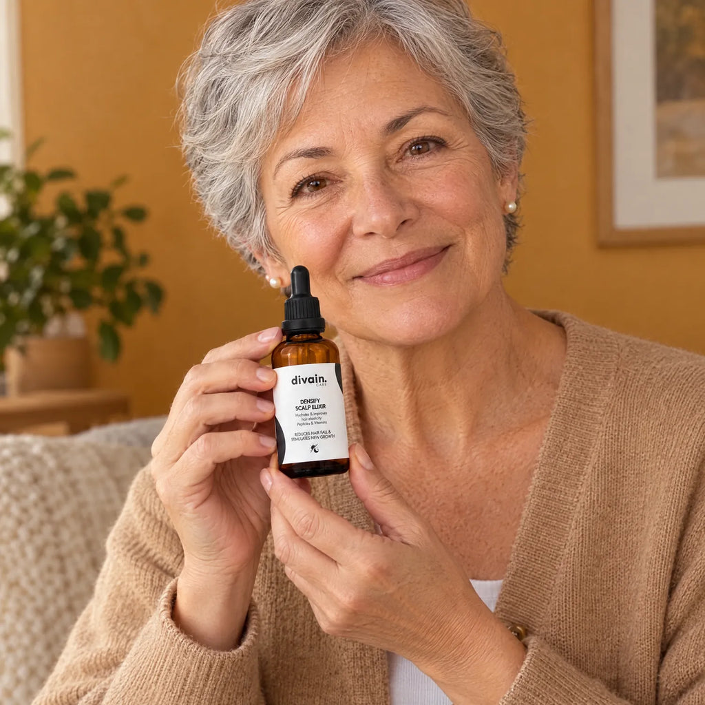 Mujer de 65 años con pelo canoso sosteniendo Densify Scalp Elixir