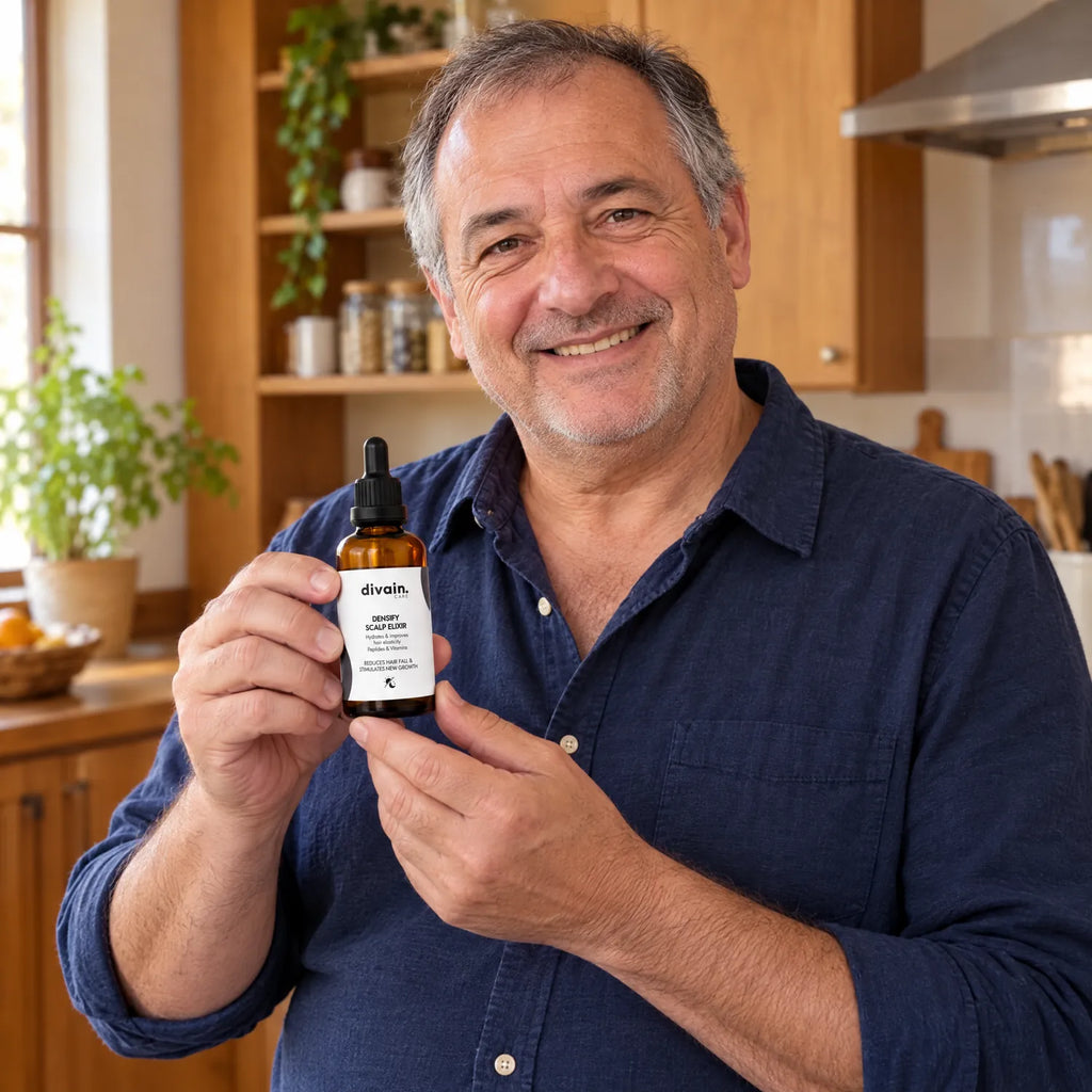 Hombre de 55 años sosteniendo Densify Scalp Elixir en su cocina