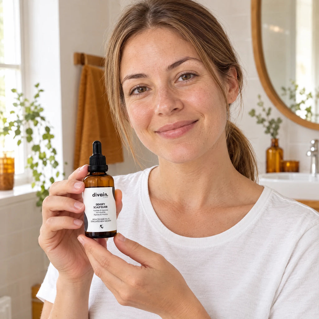 Mujer de 35 años con cabello fino sosteniendo Densify Scalp Elixir