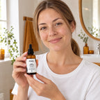 Mujer de 35 años con cabello fino sosteniendo Densify Scalp Elixir