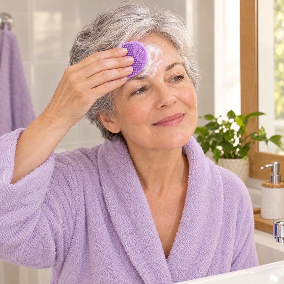 Mujer madura limpiando su rostro con el cepillo de silicona