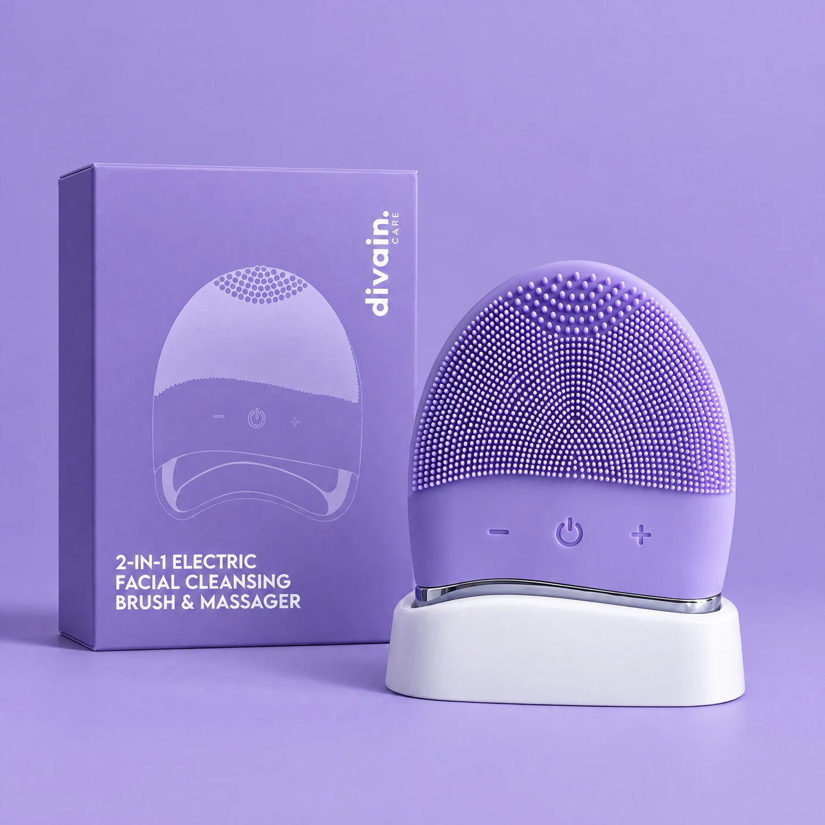 Masajeador limpiador facial divain. Care lila con su soporte y su caja