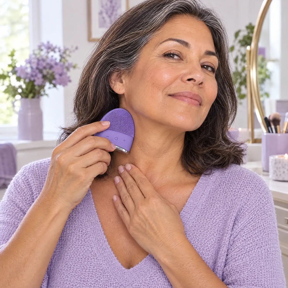 Masaje suave en cuello y contorno de mandíbula