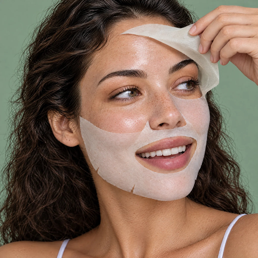 Mujer retirando la mascarilla Sunday Reset con la piel jugosa debajo