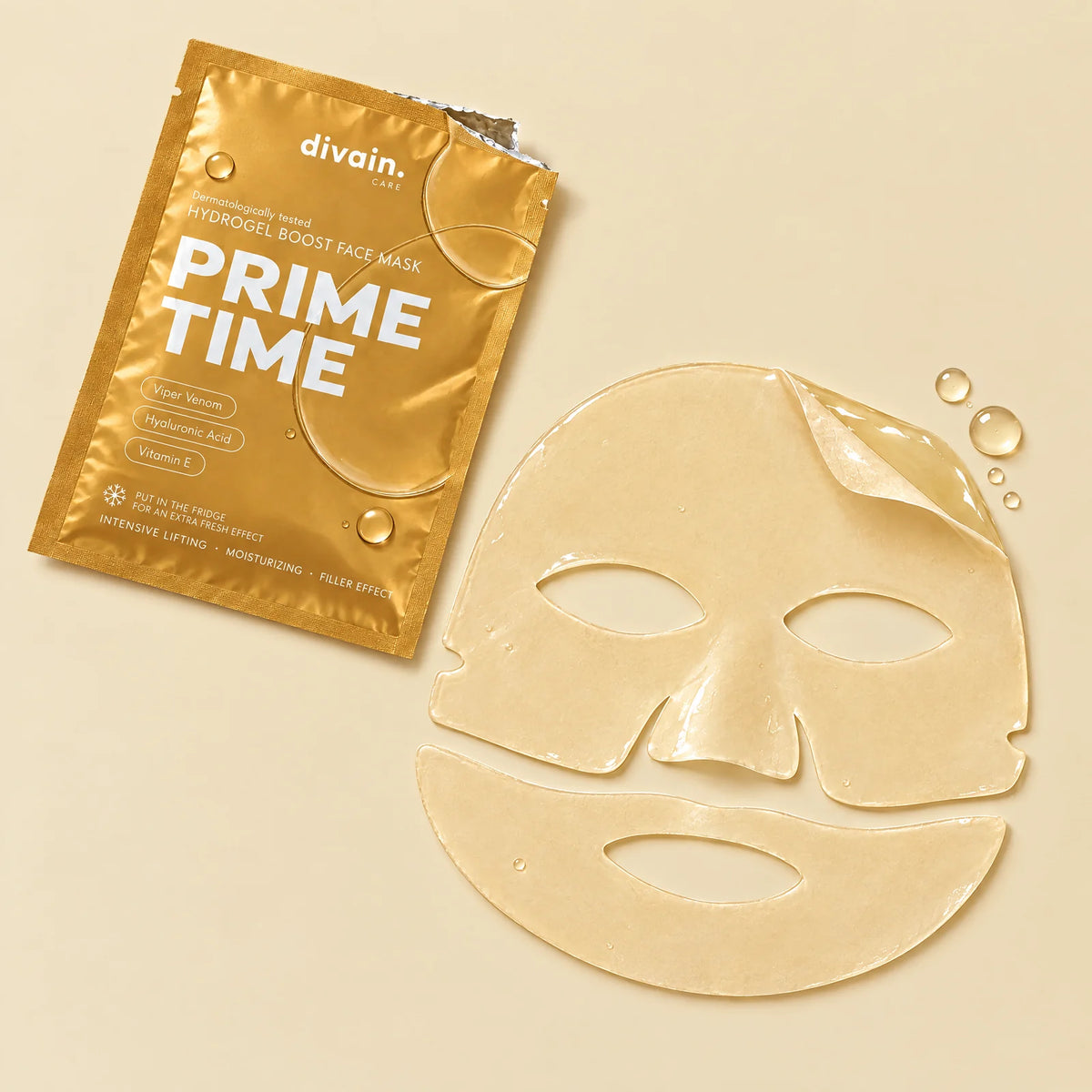 The two Prime Time hydrogel pieces next to the open sachet