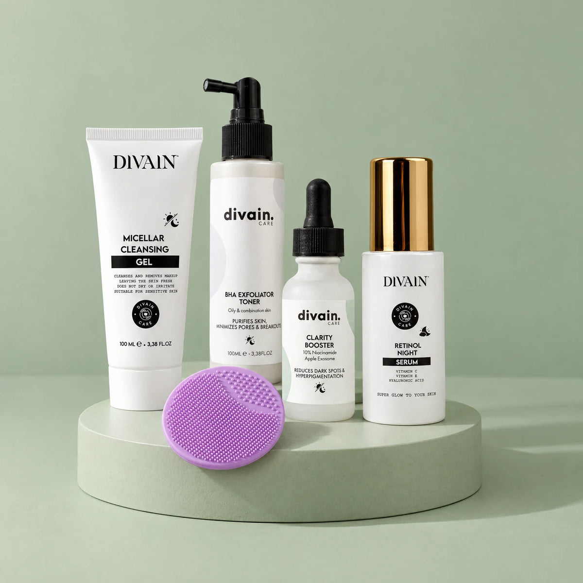 Pack divain. Care Piel Mixta: gel limpiador, tónico BHA, Clarity Booster, sérum retinol y cepillo facial
