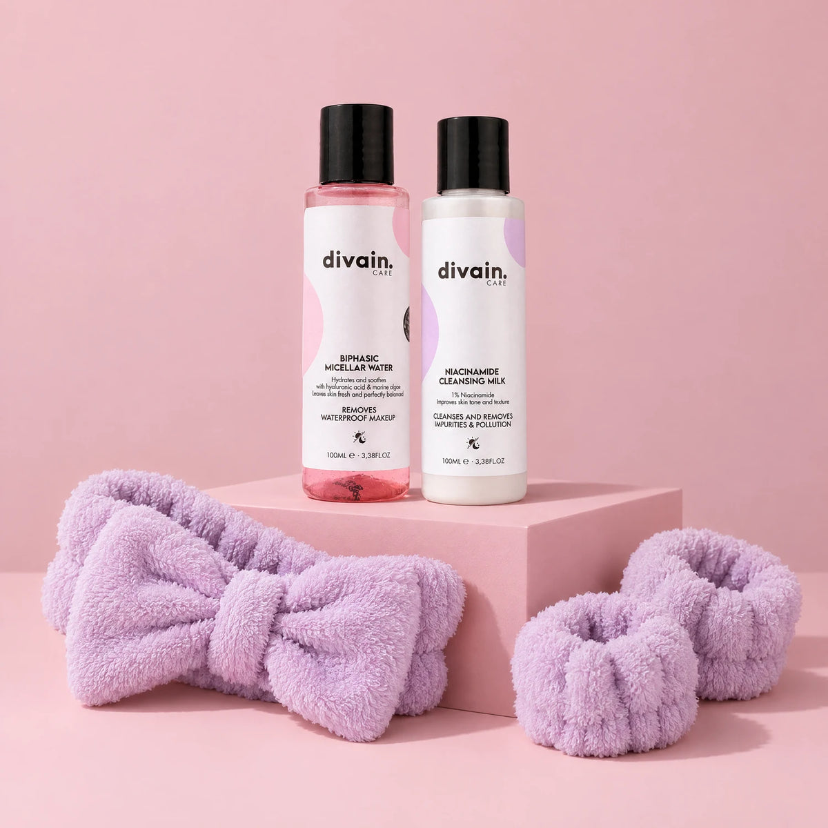 Pack divain. Care Doble Limpieza: agua micelar bifásica, leche limpiadora y set de diadema