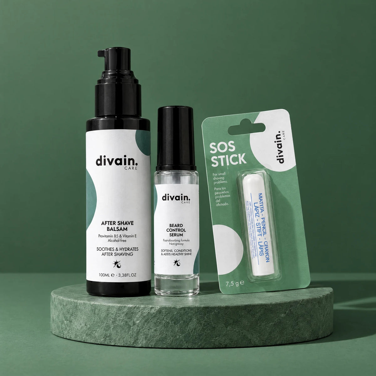 Pack divain. Care Cuidado Barba: After Shave Balsam, Beard Control Serum y SOS Stick