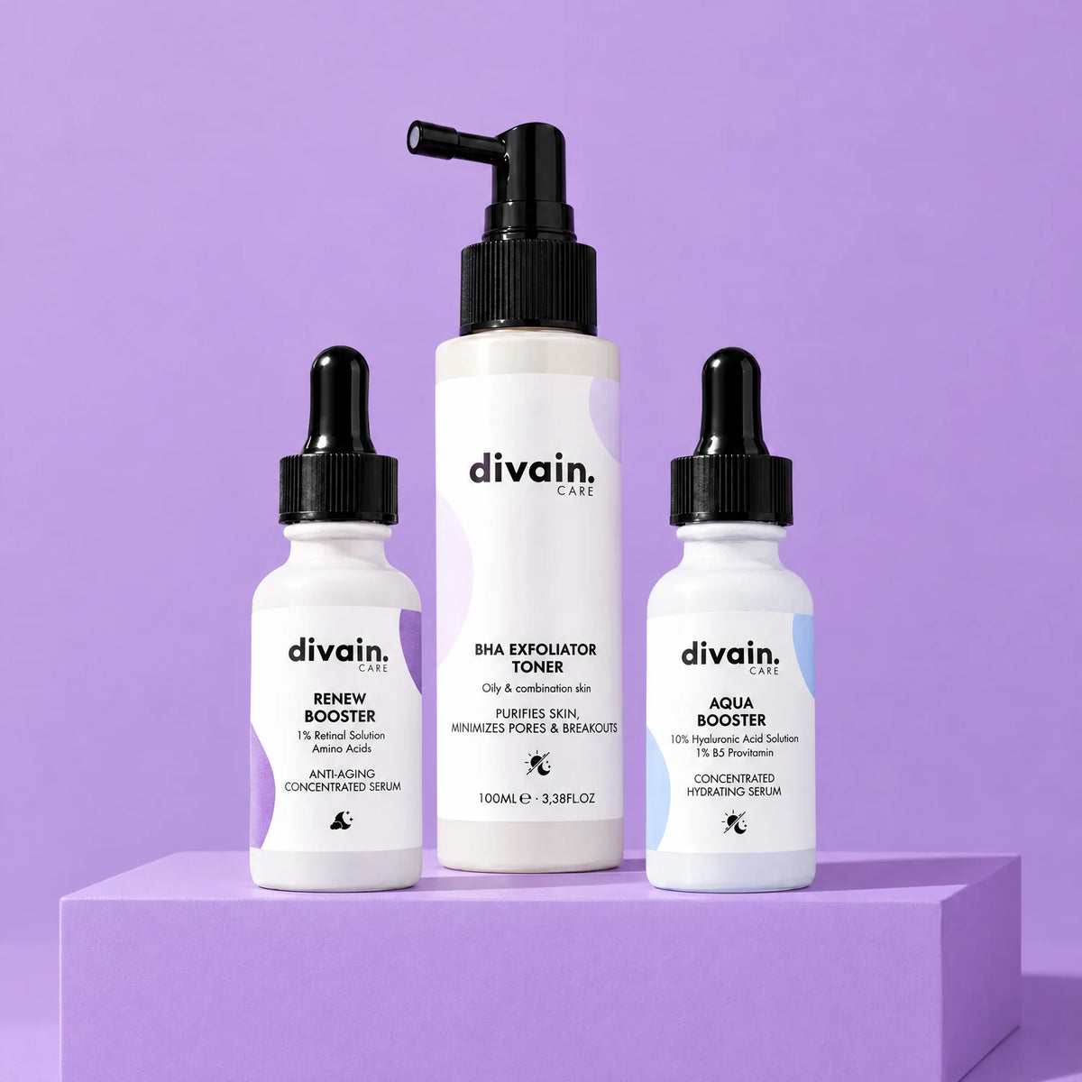 Pack divain. Care Skin Cycling: BHA Exfoliator Toner, Renew Booster y Aqua Booster