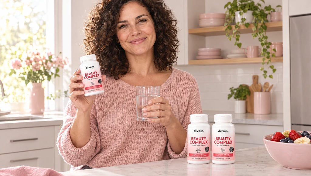 Rutina Beauty Complex 3 meses: mujer en su cocina con sus 3 botes y un vaso de agua