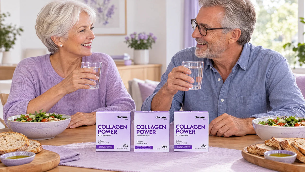 Rutina Collagen Power 3 meses: pareja en la comida con sus 3 cajas y agua