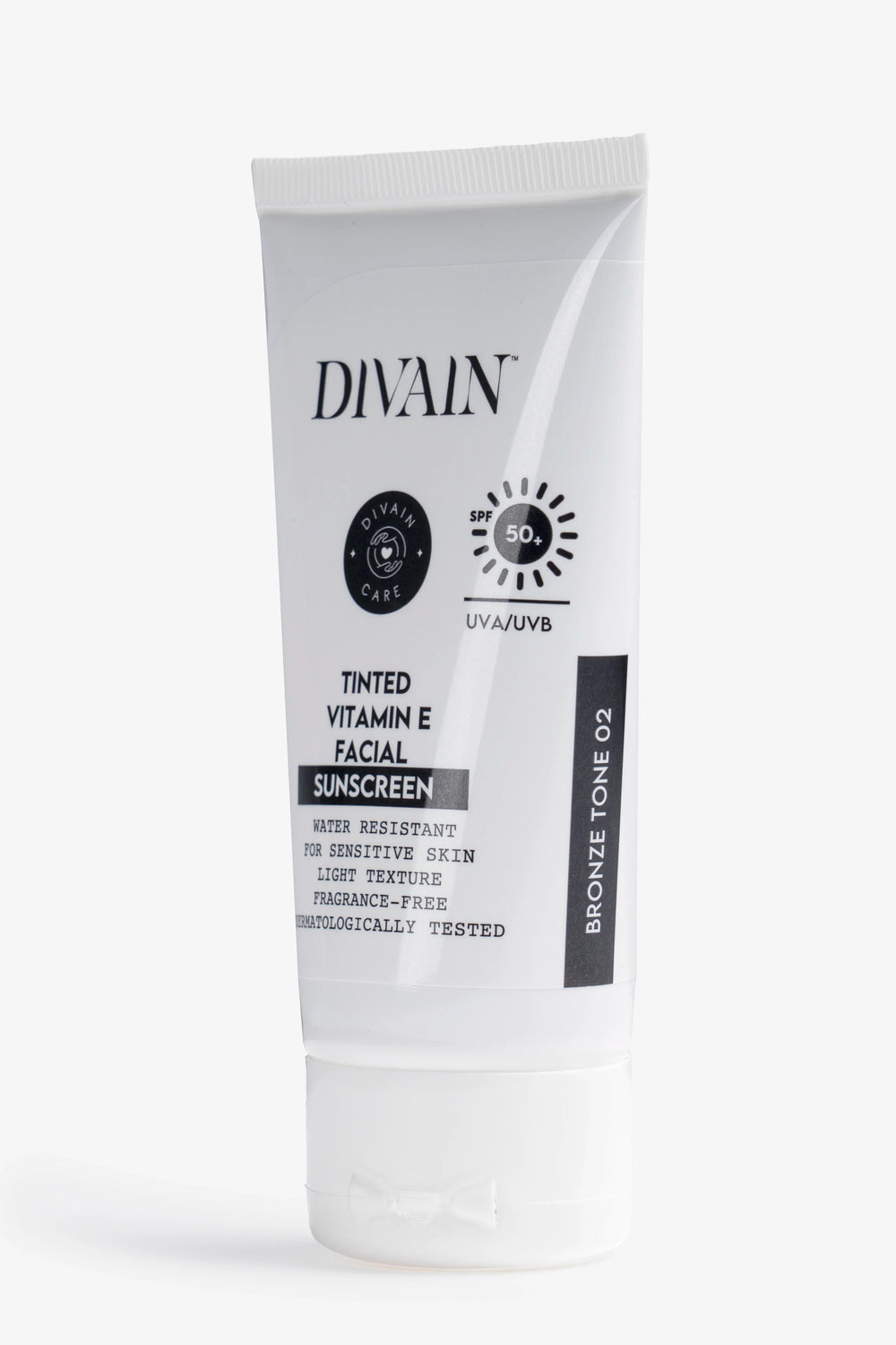 Divain Care 50ml bottle of dark tinted facial sunscreen with dark tint