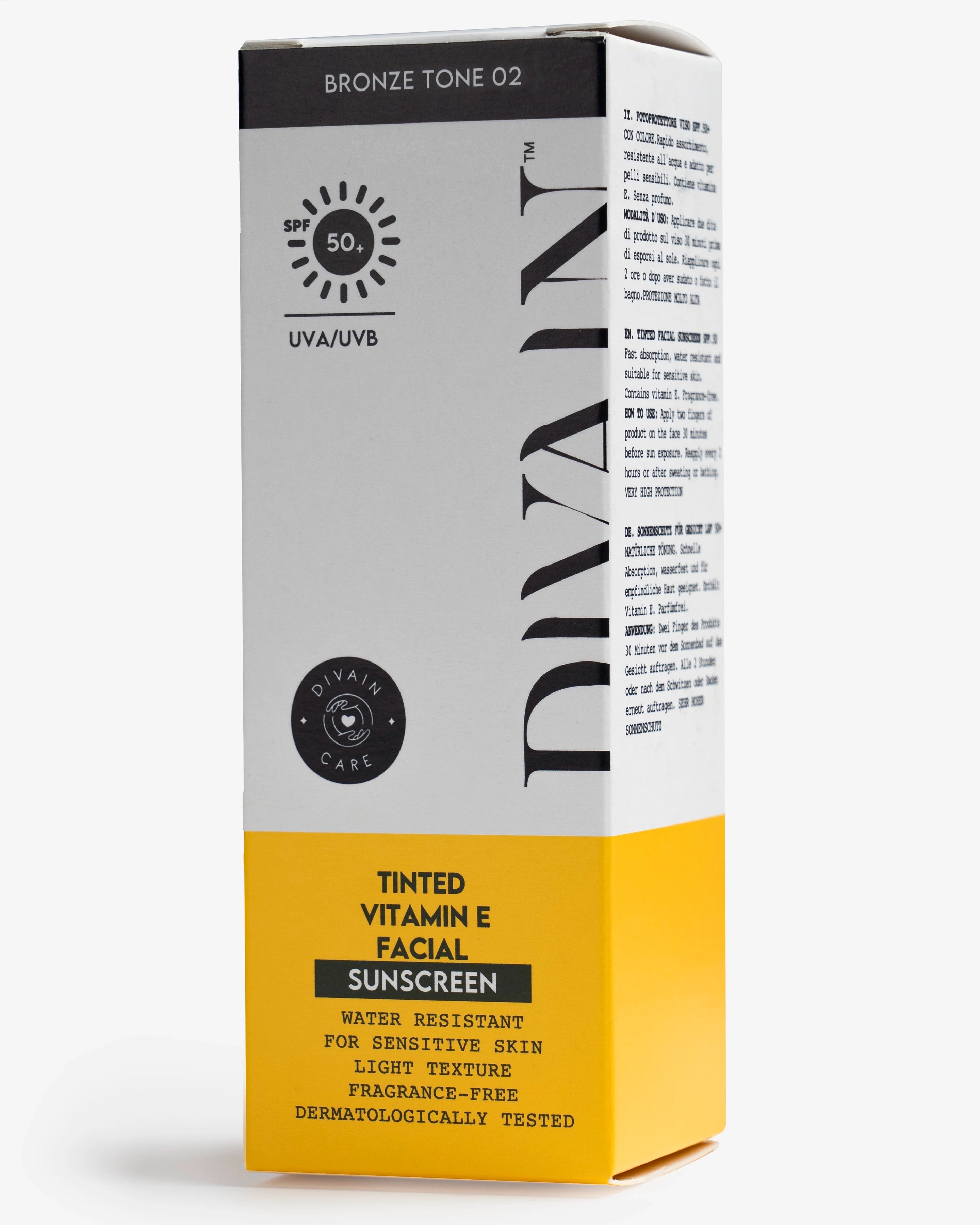 Divain Care 50ml dark tinted face sunscreen bottle