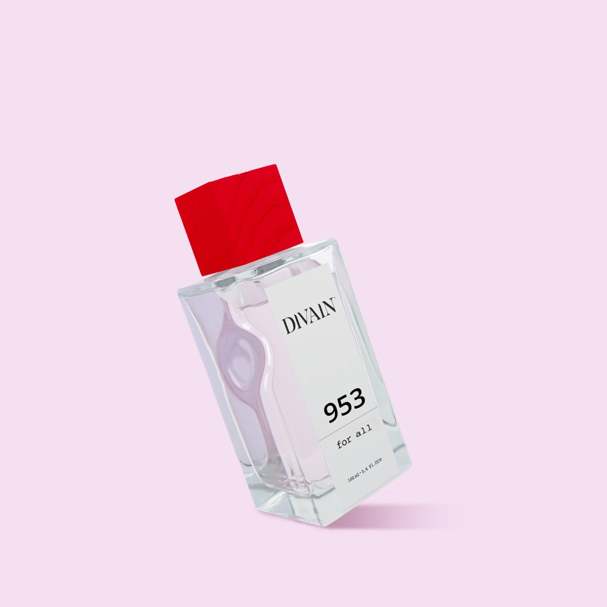 Perfume divain-953 with red cap and pink background