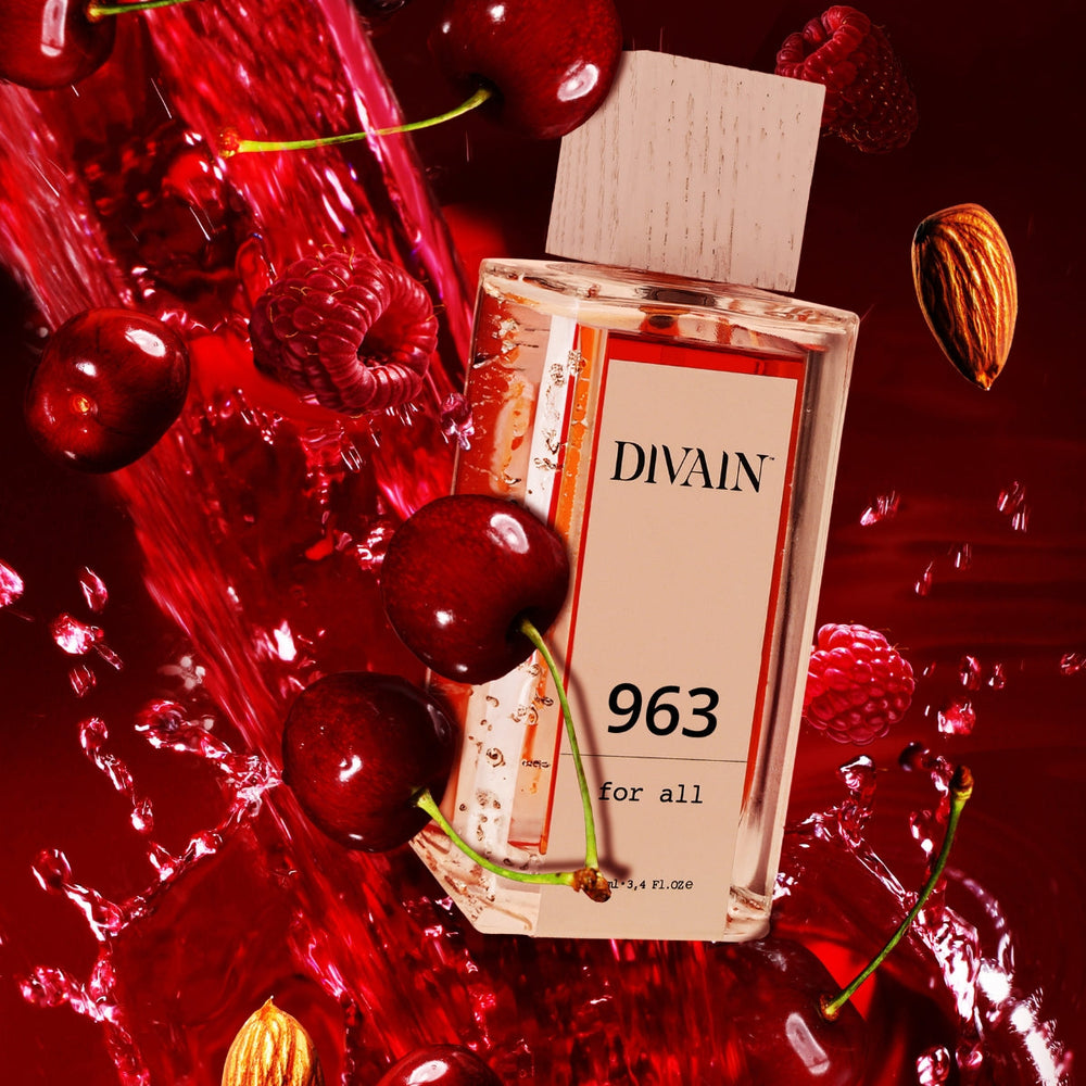 Perfume divain-963 surrounded by its olfactory notes such as cherry and raspberry.