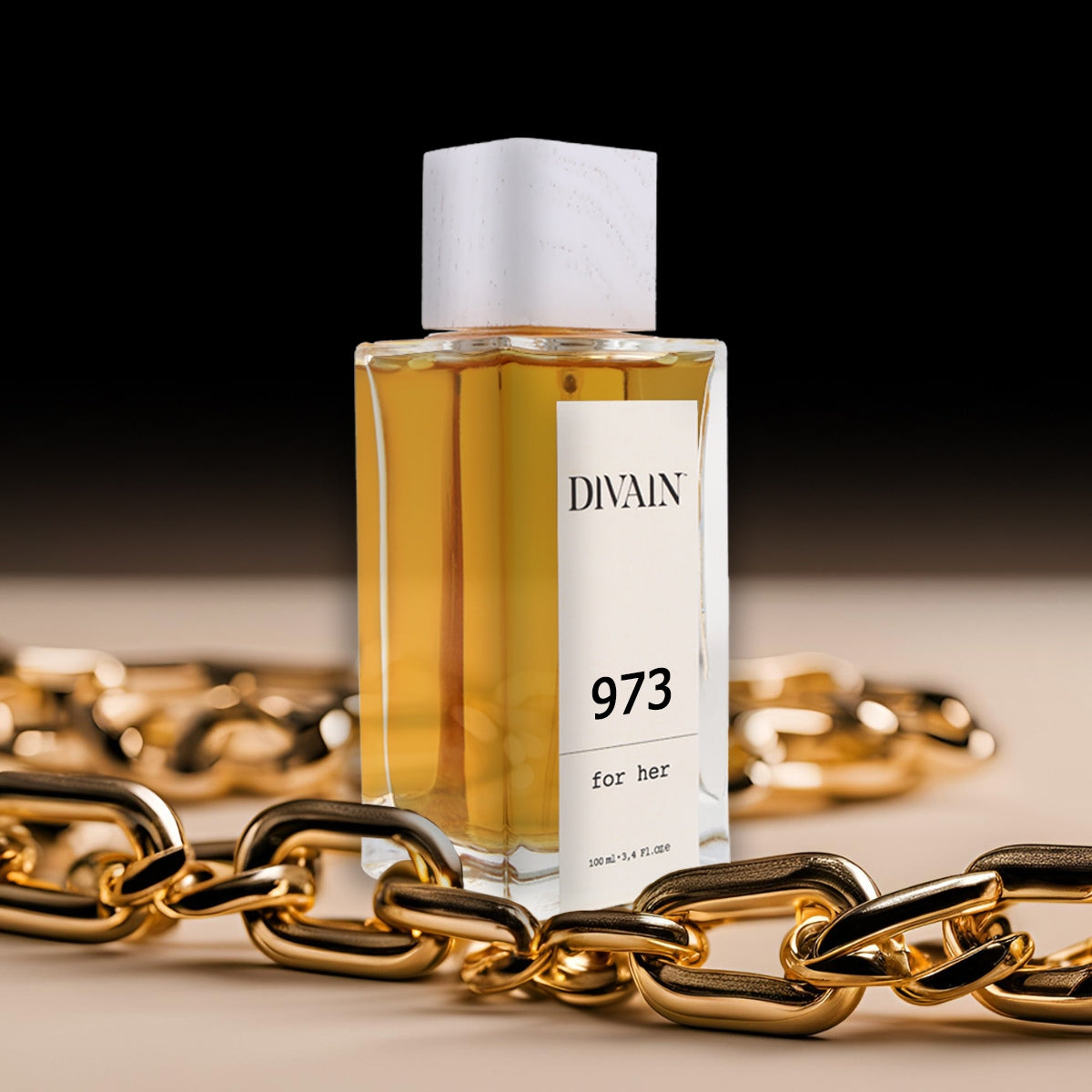 Perfume divain-973 surrounded by a gold chain giving a sense of luxury.