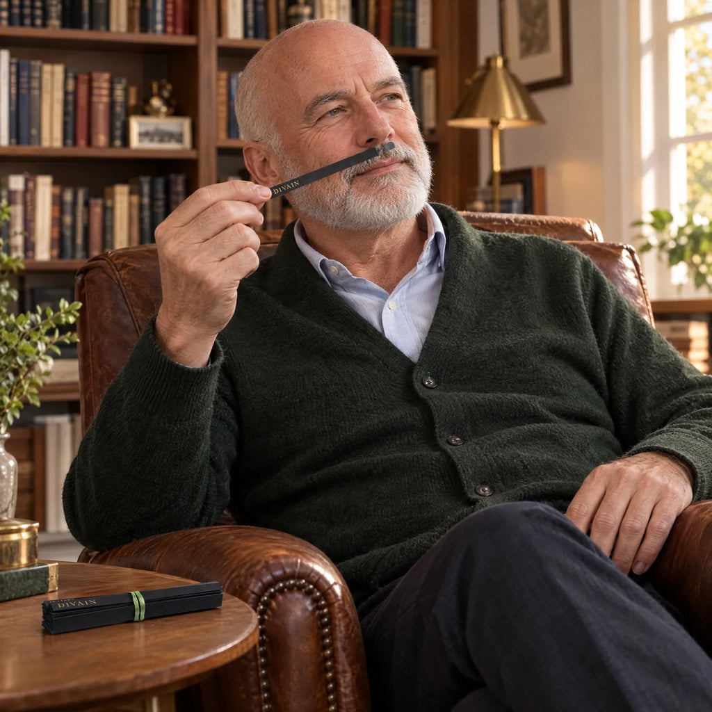 Hombre de 64 años oliendo una tira olfativa divain. en casa