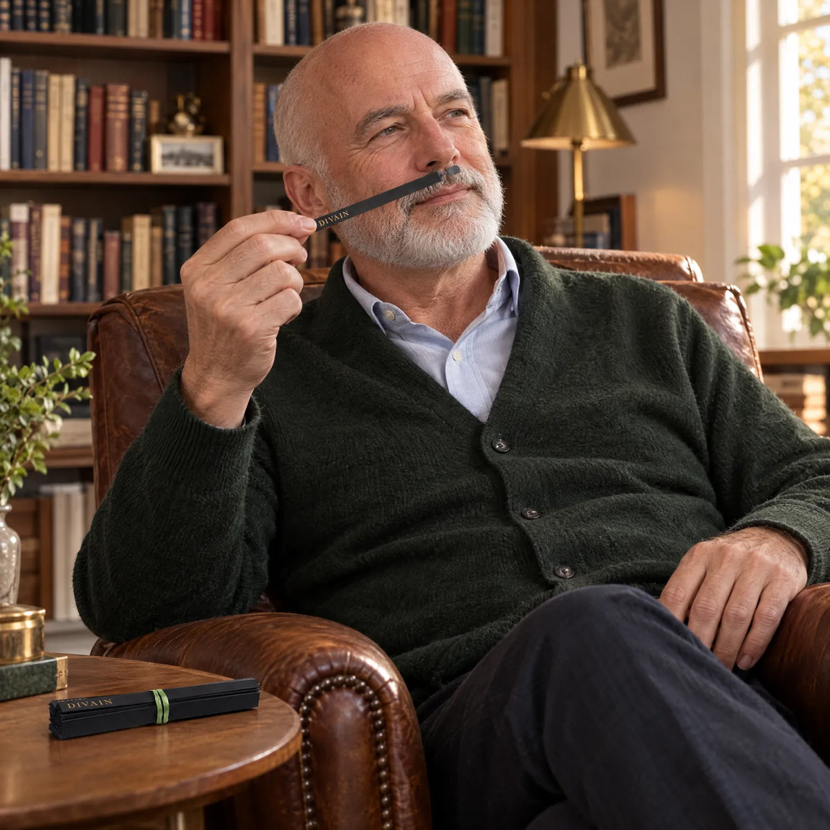 Hombre de 64 años oliendo una tira olfativa divain. en casa