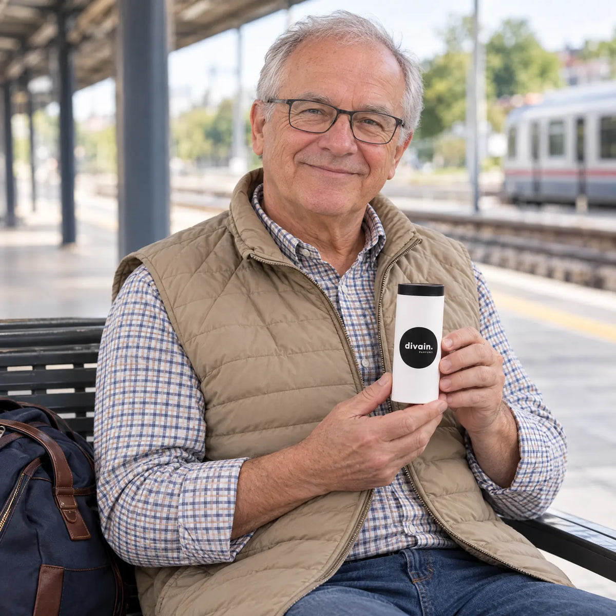 Hombre con el estuche de perfumes de viaje en la estación
