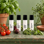 Tomato Kick, Beetroot Blast, Herbal Elixir y Oreganic con tomate, remolacha y hierbas