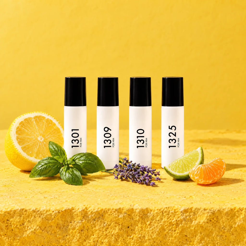 Las cuatro miniaturas con limón, albahaca, lavanda, lima y mandarina