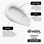 Protector solar facial divain Care con vitamina E y textura ligera para pieles sensibles.