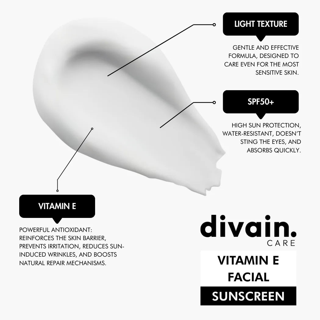 Protector solar facial divain Care con vitamina E y textura ligera para pieles sensibles.