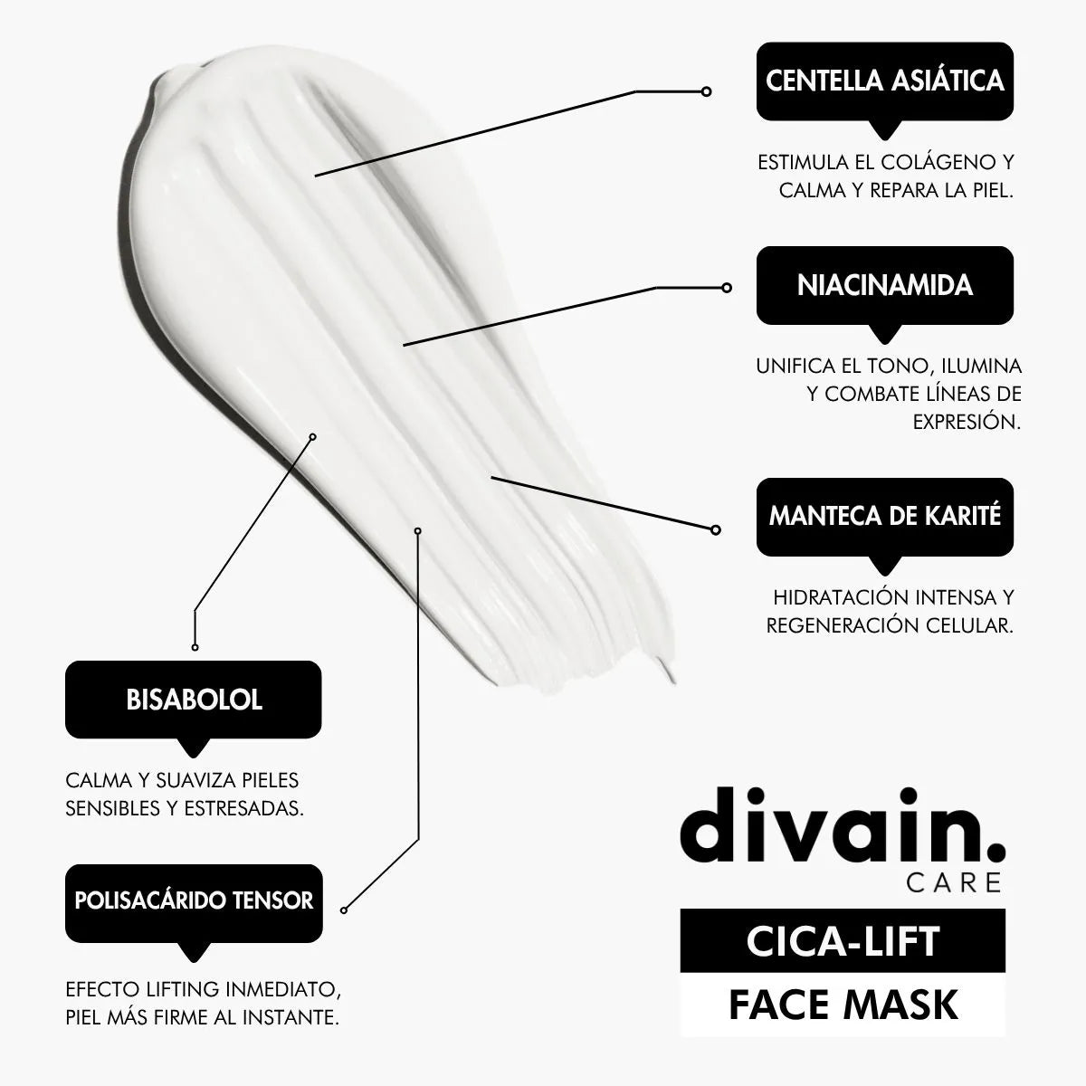 Mascarilla facial divain Care cica-lift con centella asiática, niacinamida y manteca de karité