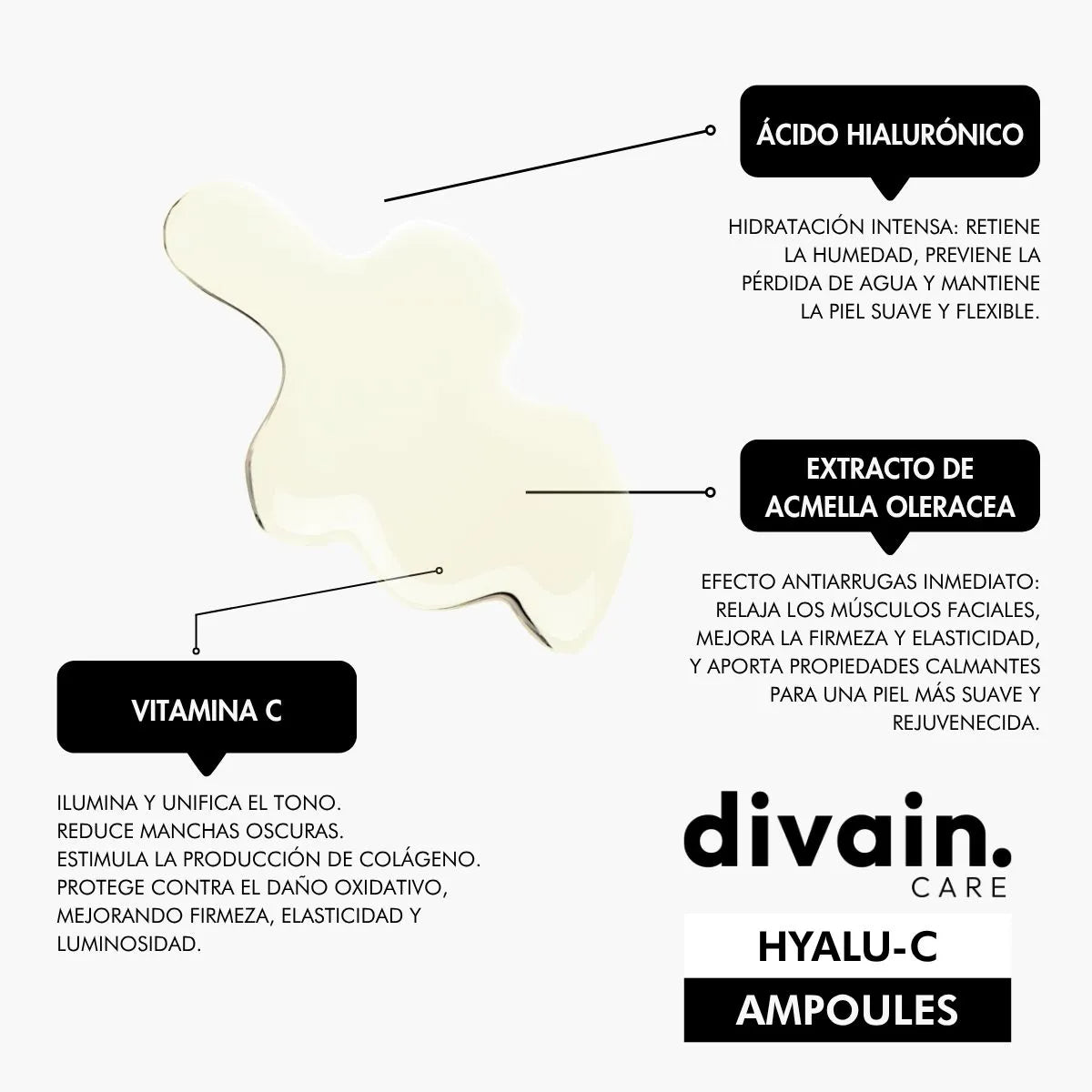 Ampollas faciales divain Care Hyalu-C con ácido hialurónico, vitamina C y extracto de acmella para una piel luminosa y firme.