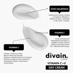 Crema de día facial divain Care vitamin C+E con ácido hialurónico, antioxidantes y efecto iluminador
