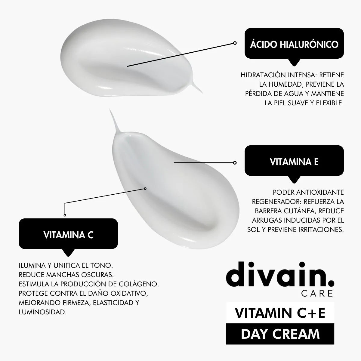 Crema de día facial divain Care vitamin C+E con ácido hialurónico, antioxidantes y efecto iluminador